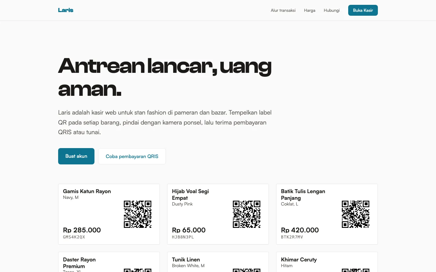 Halaman depan Admos Laris dengan contoh label QR produk fashion