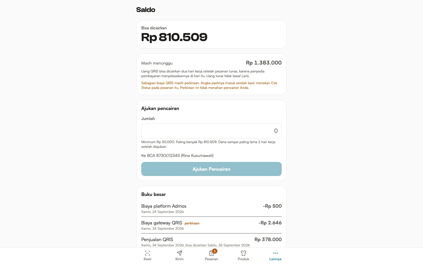 Saldo dan buku besar transaksi di Admos Laris