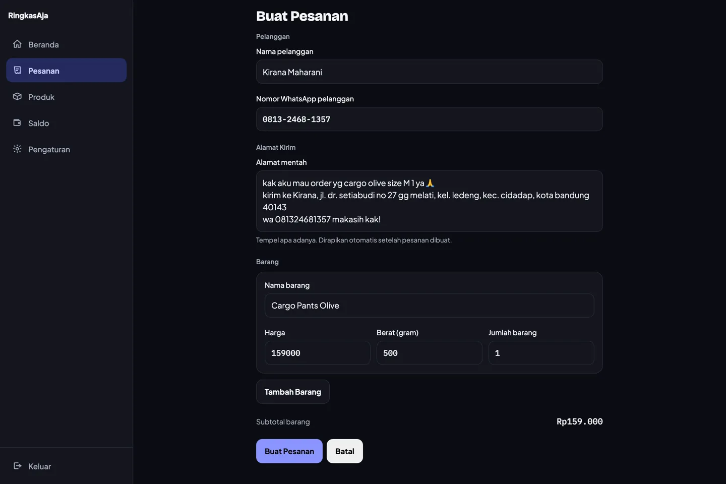 Buat pesanan di RingkasAja dengan menempel chat orderan dari pembeli