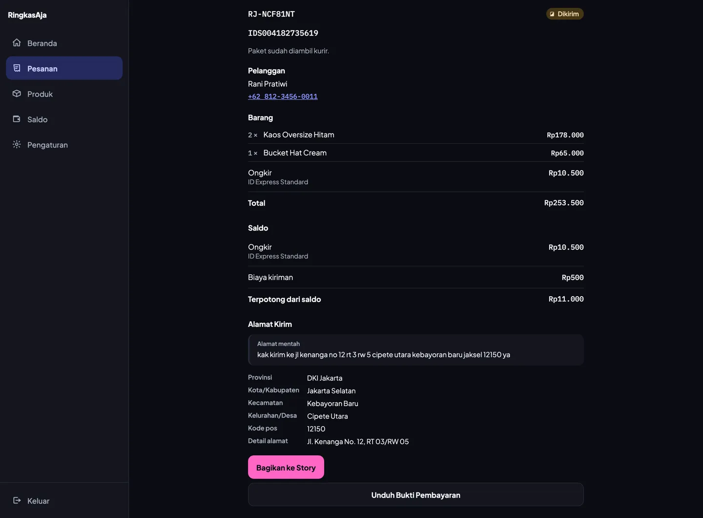 Detail order RingkasAja: barang, ongkir, alamat yang sudah dirapikan, dan nomor resi