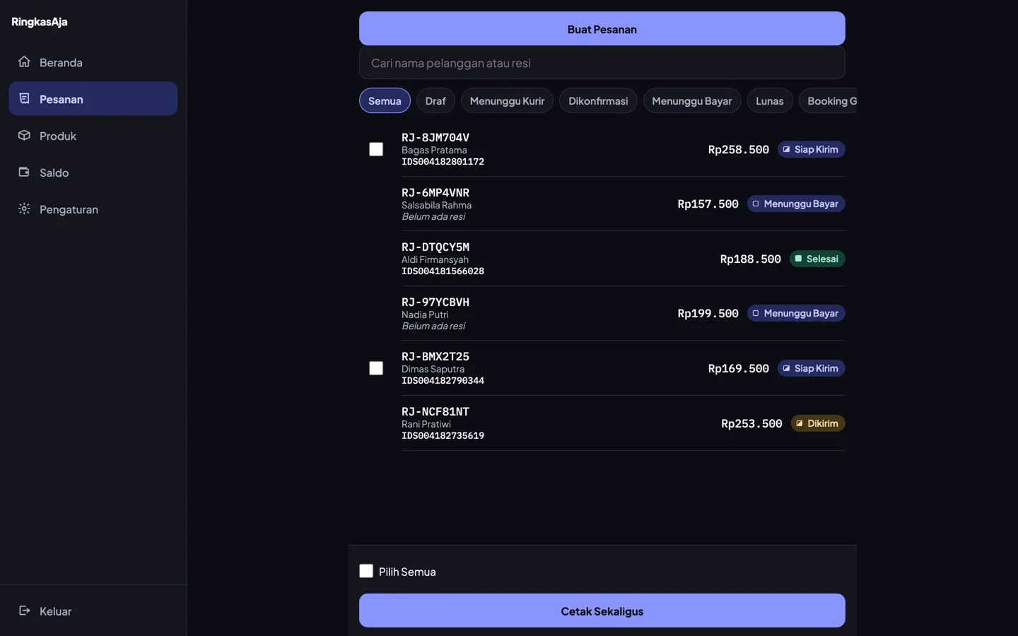 Daftar order di RingkasAja dengan status tiap paket