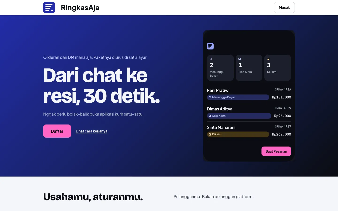 Halaman depan RingkasAja: dari chat ke resi dalam 30 detik